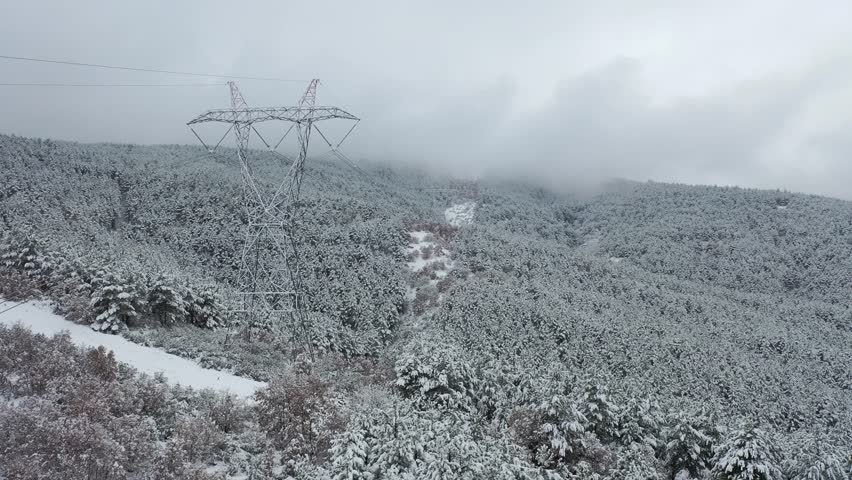 High voltage power line in snowy forest