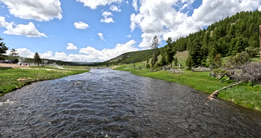 Firehole River Seen From The Steel Bridge In The Midway Geyser Basin Trailhead Of Yellowstone National Park, Wyoming, USA.