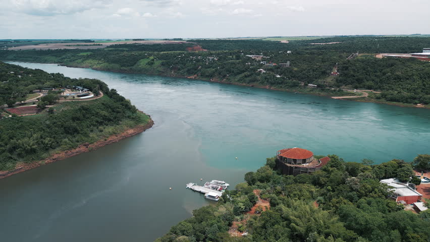The Triple Frontier - Brazil, Argentina, Paraguay. Aerial view of the area near the borders of three countries and the rivers of Parana and Iguazu