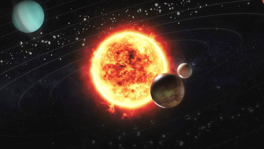 Solar system model. The Sun and planets, with relative proportions of orbital speed and sizes. 3D Illustration