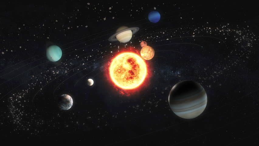 Solar system model. The Sun and planets, with relative proportions of orbital speed and sizes. 3D Illustration