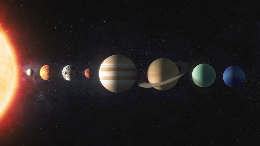 Solar system model. The Sun and planets, with relative proportions of orbital speed and sizes. 3D Illustration