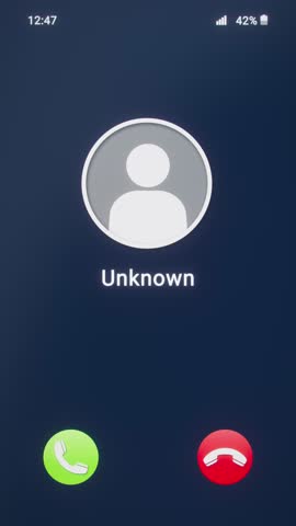 Vertical video animation of a smartphone with an incoming call with unknown number (No Caller ID), explaining the dangers of answering anonymous calls.