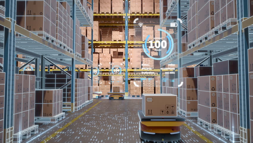 Warehouse Digitization and Digital Automation: AGV robots transporting cardboard boxes in logistics center. Graphic effects visualize optimized warehouse management. 3d rendering animation. - Powered by Shutterstock - Get 15% off with code: PIKWIZARD15