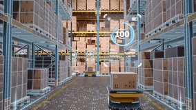 Warehouse Digitization and Digital Automation: AGV robots transporting cardboard boxes in logistics center. Graphic effects visualize optimized warehouse management. 3d rendering animation. - Powered by Shutterstock - Get 15% off with code: PIKWIZARD15