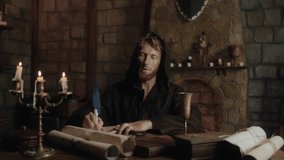 Medieval monk writing historic manuscripts at table - Powered by Shutterstock - Get 15% off with code: PIKWIZARD15