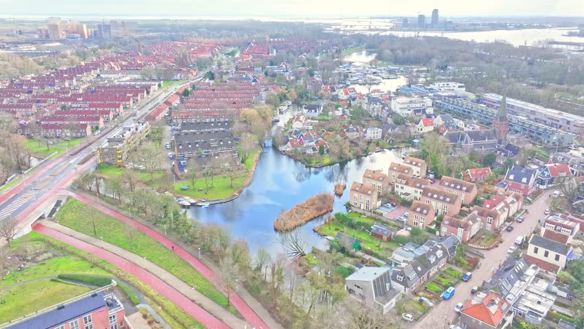 Aerial View Of Residential Neighborhood With Water Canal, Amsterdam Netherlands