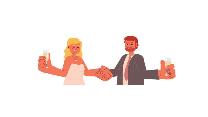 Newlywed european couple celebrating wedding day 2D characters animation. Caucasian bride groom holding hands, toasting glasses animated people cartoon 4K video isolated on white transparent