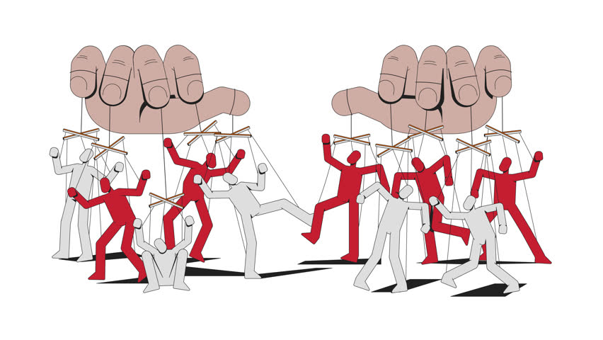 Totalitarianism manipulation with puppets strings 2D animation. Psychological propaganda. Puppeteer controlling people animated characters cartoon flat concept metaphor 4K video isolated on white