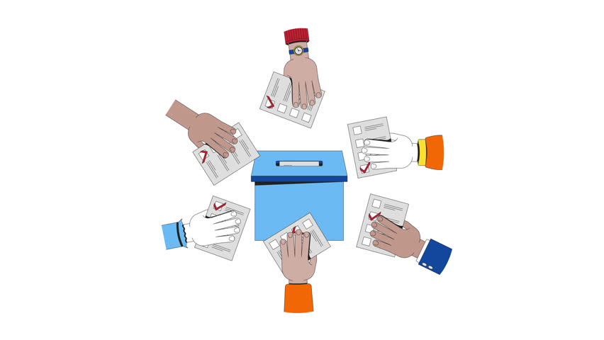 Collective voting for democracy 2D animation. Democratic election. Diverse hands casting ballots into voting box animated characters cartoon flat concept metaphor 4K video isolated on white