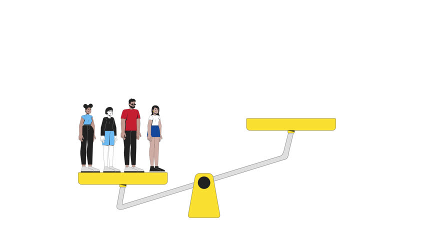 Oligarchy and wealth inequality 2D animation. Plutocracy capitalism. Rich elite figure outweighing middle class people animated characters cartoon flat concept metaphor 4K video isolated on white