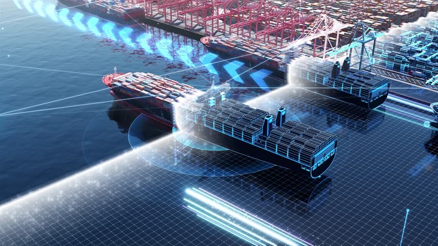 Seaport Container transportation by cargo ship Smart Logistics Technology Transformation between virtual and real 3D animation