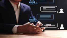 AI Chatbot, Artificial Intelligence, digital chatbot, robot, application, conversation assistant concept. Businessman using mobile smartphone with AI chatbot assistant for customer service support, 4K - Powered by Shutterstock - Get 15% off with code: PIKWIZARD15