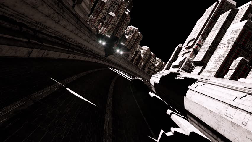 Futuristic cityscape with a flying spaceship, a battleship above a wide concrete highway. Tall multi-layered buildings create a sci-fi atmosphere. Bright lighting emphasizes the details of the ship's 