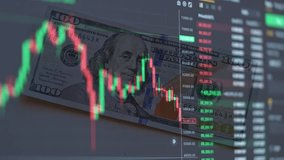 Euro currency banknotes and US dollar bills. Stock market and exchange with green and red candlesticks. Stock market data. Cryptocurrency exchange chart with Bitcoin graph in dynamics. Stop motion. - Powered by Shutterstock - Get 15% off with code: PIKWIZARD15