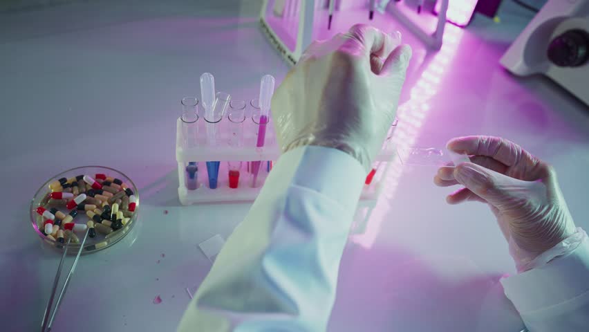 Laboratory professional accidentally breaking glass slide near test tubes and colorful medication pills, working in modern illuminated research environment