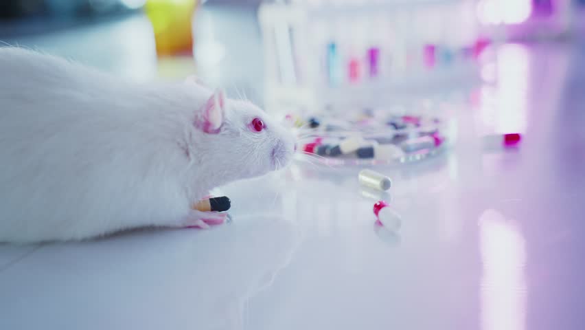 White laboratory rat sniffing colorful pharmaceutical pills on sterile white surface, scientific research environment with gloved professional monitoring experimental process in background