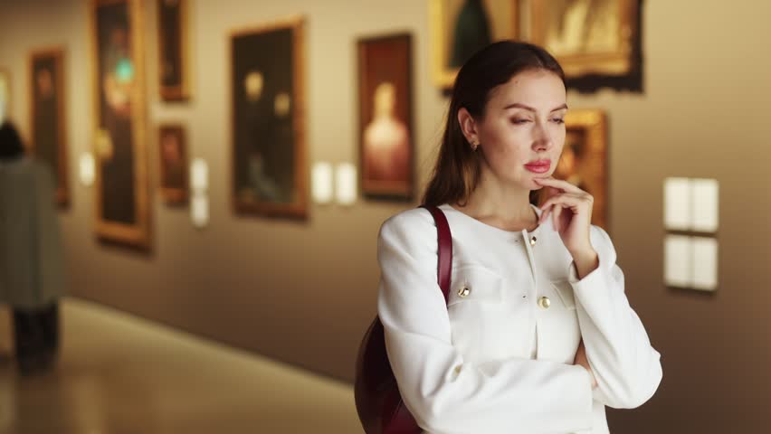 Thoughtful woman listens to an interesting tour in the museum. European woman at an exhibition of paintings against the background of visitors. High quality 4k footage