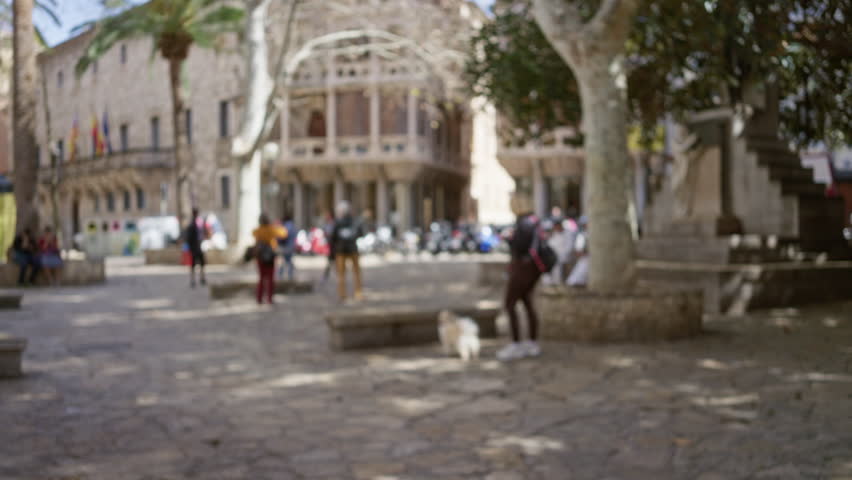 Blurry town square scene in europe with people, flags, trees, benches, and historical architecture under blue skies.