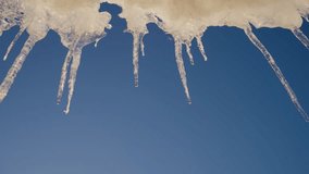 Transparent icicles hanging from surface, catching bright sunlight, slowly melting and dripping water against clear blue winter sky background, revealing delicate crystalline fragility - Powered by Shutterstock - Get 15% off with code: PIKWIZARD15