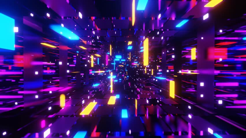 A 3d illustration of colorful futuristic reflective glassy neon tunnel in dynamic motion