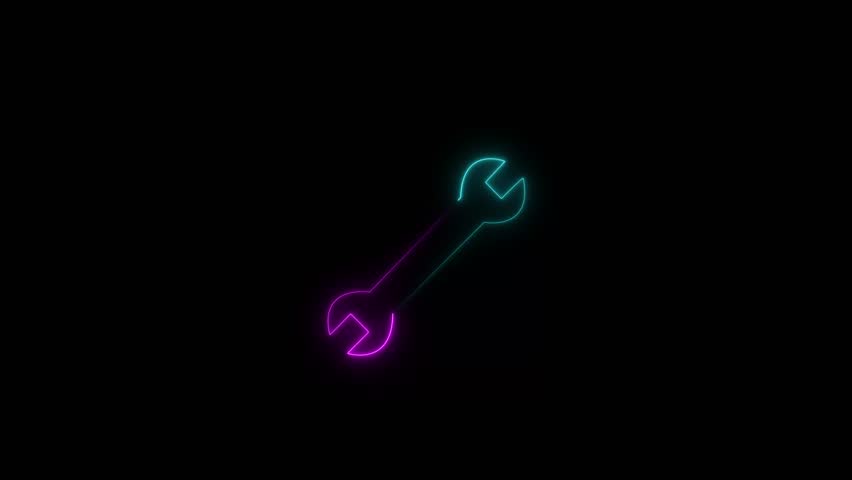 Wrench simple icon vector. Flat desing. Purple neon on black background.