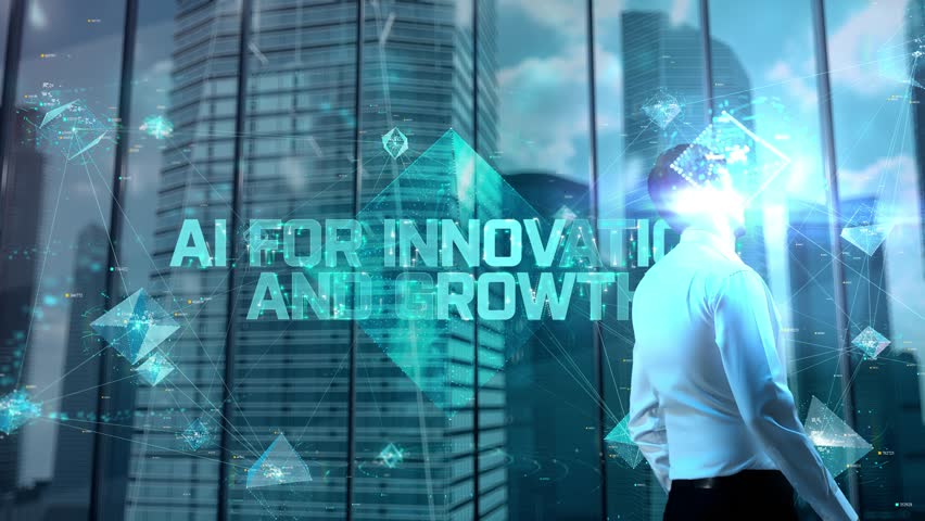 AI for Innovation and Growth. Businessman Working in Office among Skyscrapers. Hologram Concept