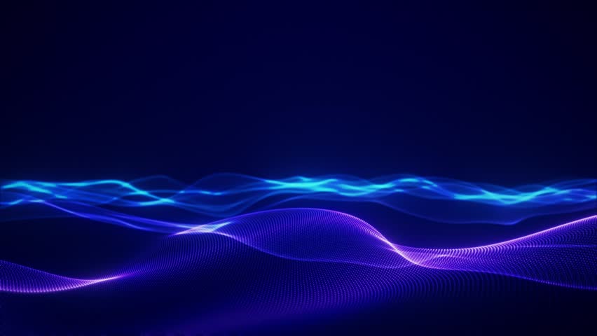 Abstract digital wave background with glowing blue and purple lines flowing smoothly on a dark background. Futuristic technology concept with dynamic data flow and communication
