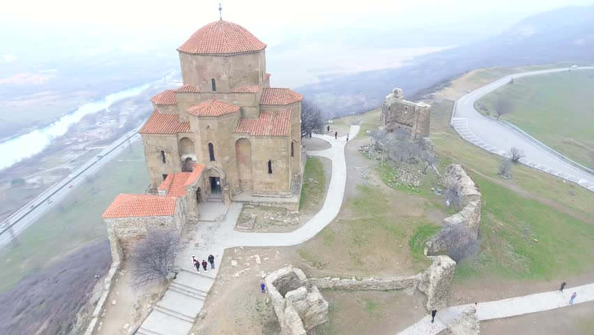 Aerial view of Jvari Monastery near Mtskheta city in Georgia country