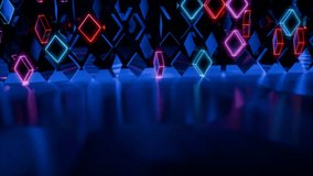Futuristic cyberpunk interior with glowing neon cubes and diamonds, a reflective floor, and floating metallic shapes. Vibrant red, blue, and purple lights create a high-tech, digital sci-fi atmosphere - Powered by Shutterstock - Get 15% off with code: PIKWIZARD15