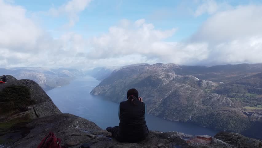 Aerial View of Preikestolen Overlooking Stunning Norwegian Fjord Landscape