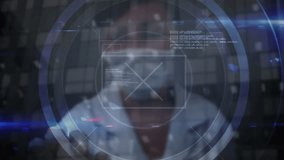 Wearing mask, medical professional interacting with animation of digital data overlay. Healthcare, technology, innovation, futuristic, analysis, interactive - Powered by Shutterstock - Get 15% off with code: PIKWIZARD15