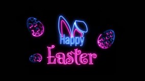 Neon illuminated happy easter creative design element. Happy Easter Greeting Design with Happy Easter Illuminated Text, Neon Decorated Eggs and Cute Rabbit Ears Isolated on Black Background. - Powered by Shutterstock - Get 15% off with code: PIKWIZARD15