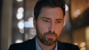 Smiling entrepreneur satisfied project startup sitting night office alone closeup. Portrait bearded happy businessman reading good news at laptop late evening. Joyful man ceo enjoy financial success. - Powered by Shutterstock - Get 15% off with code: PIKWIZARD15