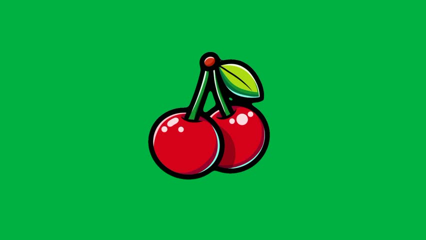 Animated 3D cherries rotates with a transparent green screen background.