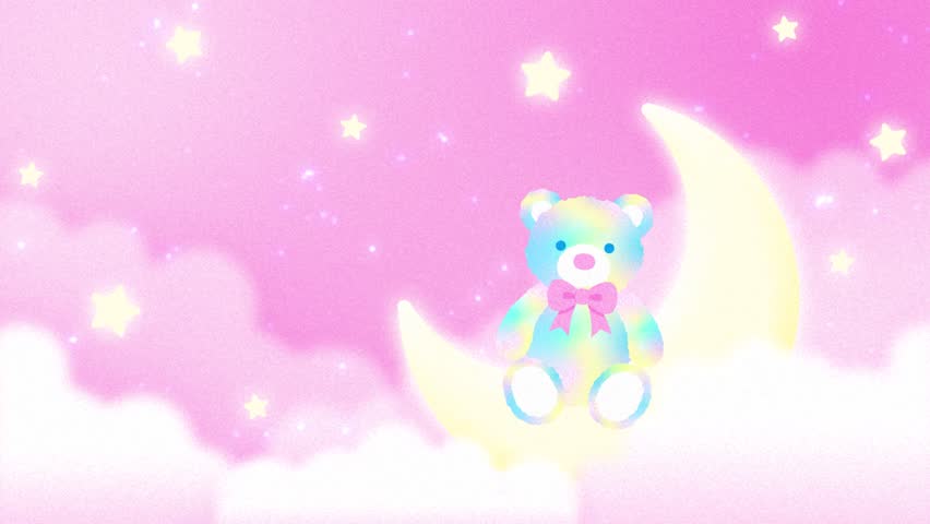 pink fairy background with a rainbow teddy bear on the crescent moon in the sky animation for Birthday, Baby Shower, etc.