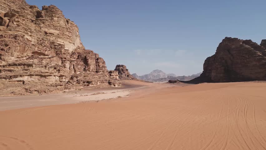 Aerial view of Wadi Rum Desert Landscape in Jordan, the Valley of the Moon in the Middle East.