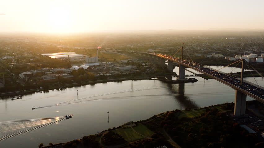 4K drone shot of West Gate Bridge at sunset in Melbourne, Australia.