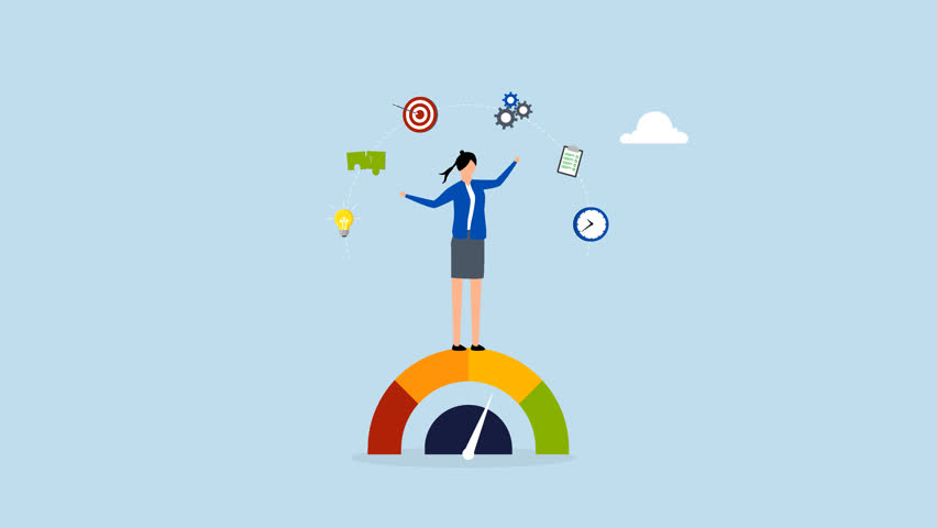 Productivity, 4k animation of intelligent entrepreneur manages multiple tasks efficiently. 