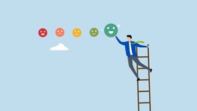 Customer satisfaction, 4k animation of young man ascends ladder to provide enthusiastic smile feedback rating.  - Powered by Shutterstock - Get 15% off with code: PIKWIZARD15