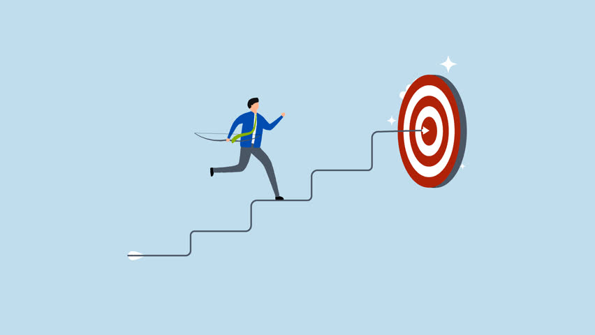 Step to reach goal, 4k animation of entrepreneur aims to shoot arrow on steps to achieve target. 