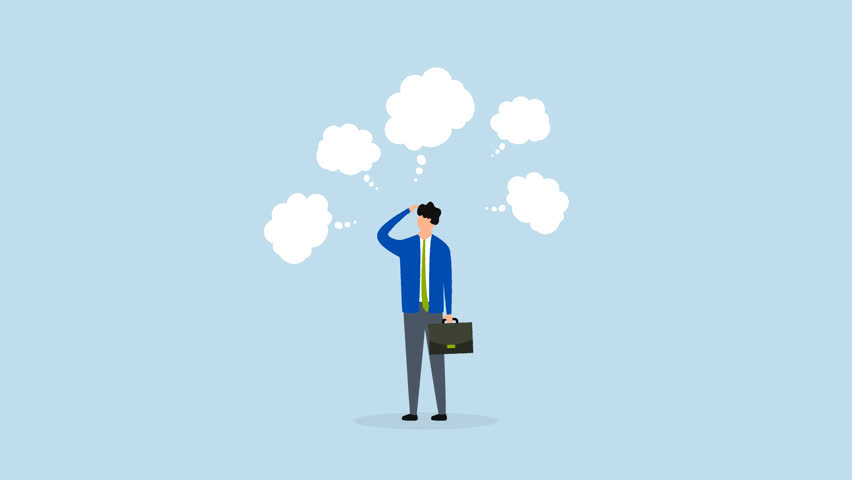 Too many thinking ideas, 4k animation of businessman thinking with many thinking bubbles.