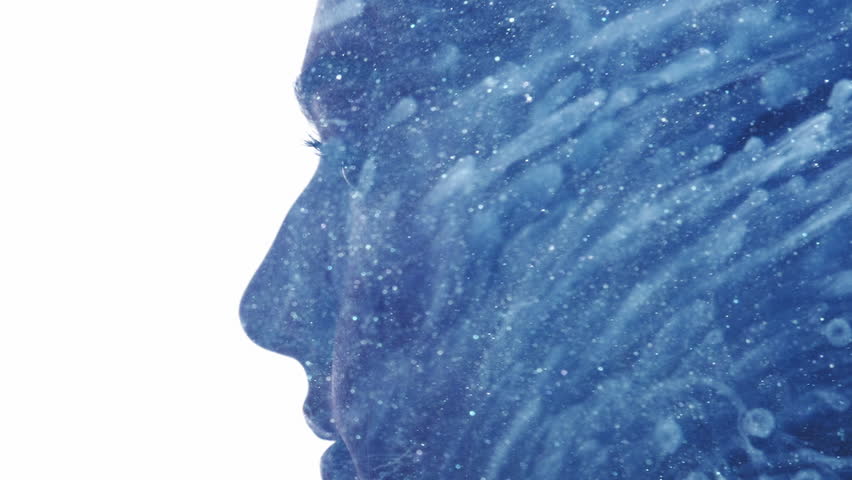 Inner peace. Spiritual mindfulness. Blue glitter particles smoke double exposure profile face silhouette of tranquil relaxed woman isolated on white copy space.