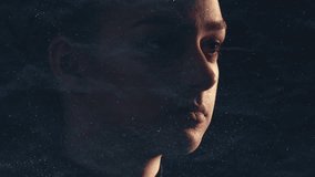 Dust pollution. Ecology problem. Double exposure outline of sick woman coughing wearing face mask on dark abstract night sky background with floating glitter particles. - Powered by Shutterstock - Get 15% off with code: PIKWIZARD15