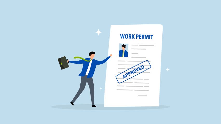 Work permit document approved, 4k animation of businessman employee with approved work permit paper.