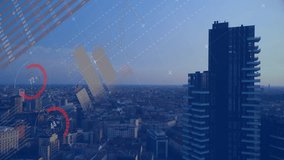 Cityscape with skyscraper showing digital data and graphs in animation overlay. Futuristic, technology, data visualization, innovation, urban, analytics - Powered by Shutterstock - Get 15% off with code: PIKWIZARD15