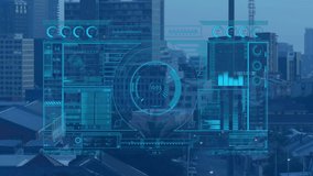 Urban cityscape with skyscrapers featuring futuristic digital interface animation. Technology, innovation, metropolis, architecture, skyline - Powered by Shutterstock - Get 15% off with code: PIKWIZARD15