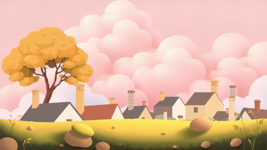 cartoon houses Tree and light sky and and mountain Cartoon animation sky nature sky and cartoon design