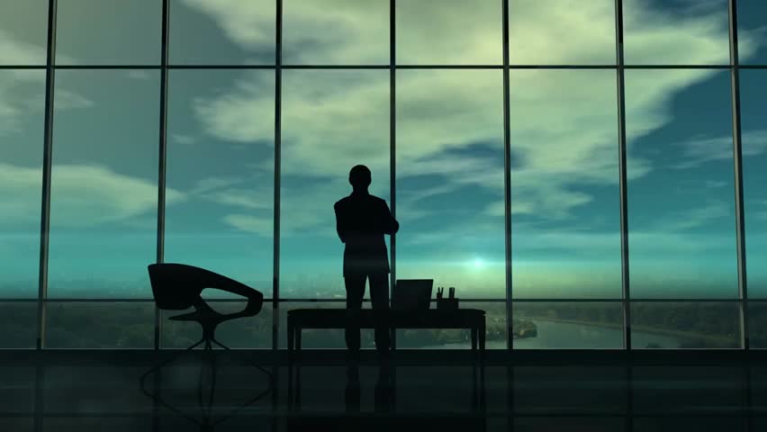  A silhouette of a businessman in a modern office, overlaid with a corporate infographic. The scene represents data analysis, business growth, and strategic decision-making in a digital era.