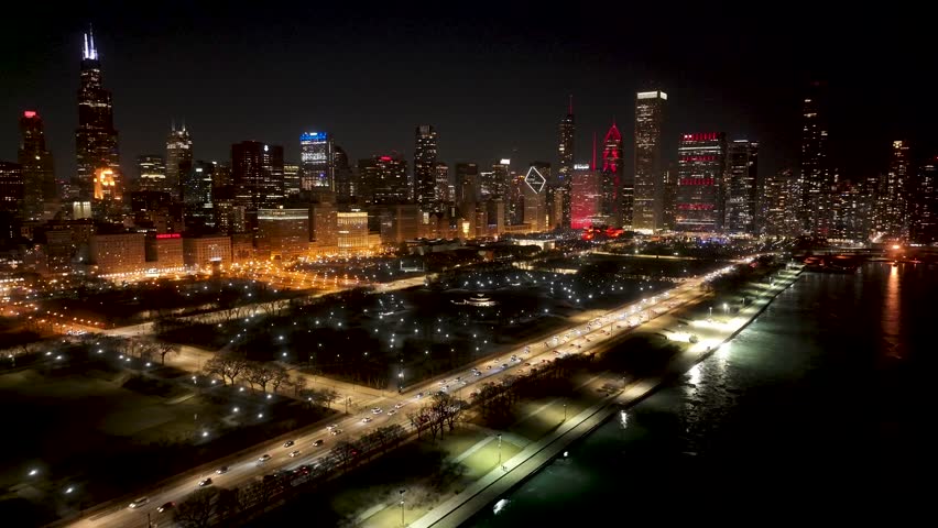 Night Skyline Downtown Chicago At Chicago In Illinois United States. Highrise Buildings Landscape. Colorful Night City. Chicago At Illinois United States. Stunning Cityscape. Downtown Scenery.